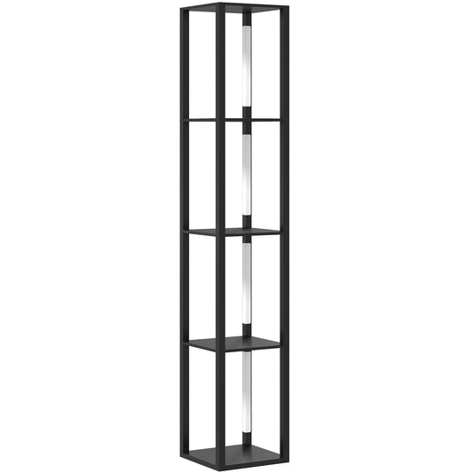 Photo of HOMCOM LED Floor Lamp with Shelves, Modern Dimmable Standing Lamp with 3 Brightness Levels and Foot Switch for Living Room, Bedroom, Office, Black in Black colour on a white background