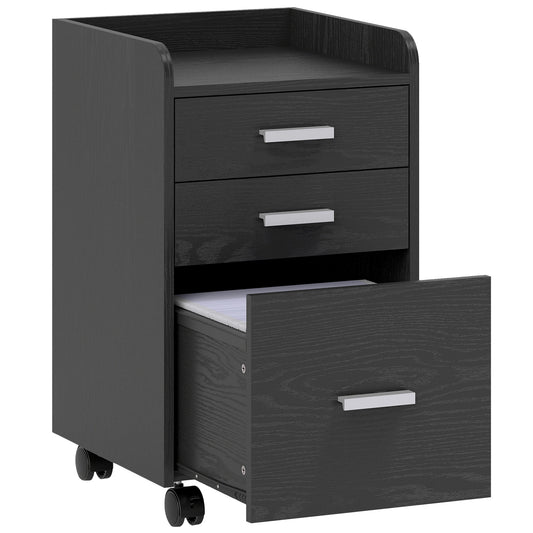 Photo of HOMCOM 3 Drawer Filing Cabinet, Rolling File Cabinet with Edged Top for Letter, A4 Size, Hanging File Folders, Black in Black colour on a white background