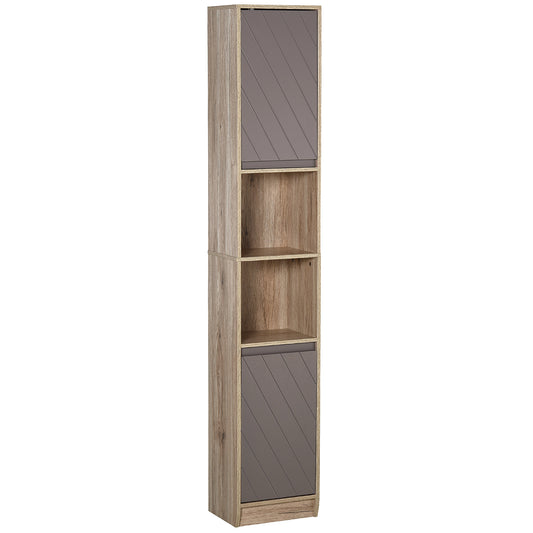 Photo of HOMCOM Narrow Bathroom Cabinet, Slim Bathroom Storage Unit with Open Compartment, Freestanding Storage Cupboard with Adjustable Shelves for Small Spaces, 30 x 24 x 170 cm, Grey and Oak in Oak colour on a white background