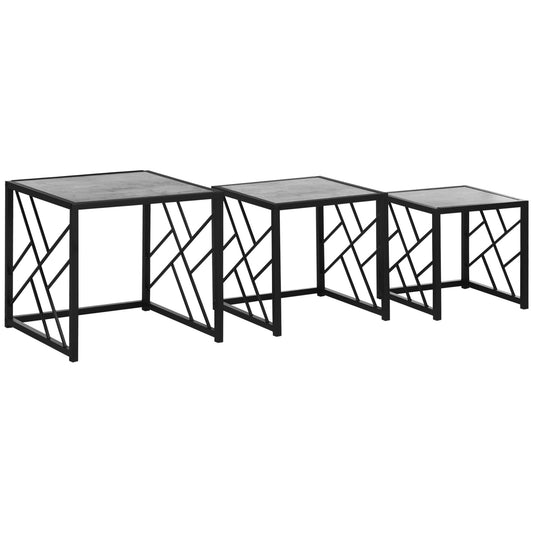 Photo of HOMCOM Nesting Coffee Tables, Set of 3 Square Side Tables with Black Metal Frame, for Living Room, Bedroom and Office, Grey in Grey colour on a white background