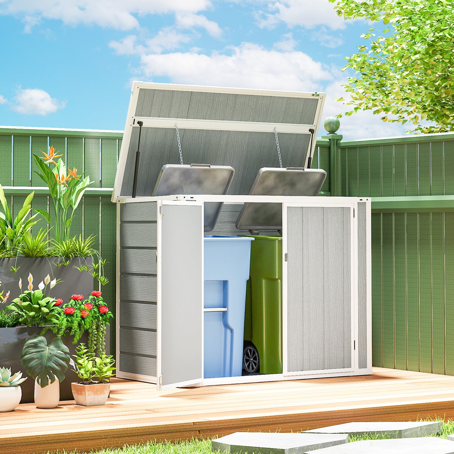 Outsunny 4.7 x 2.5FT Garden Shed, Double Bin Storage Shed with Lockable Doors, Outdoor Small Shed with Openable Lid for 2 Trash Cans, Garden Tools, Light Grey