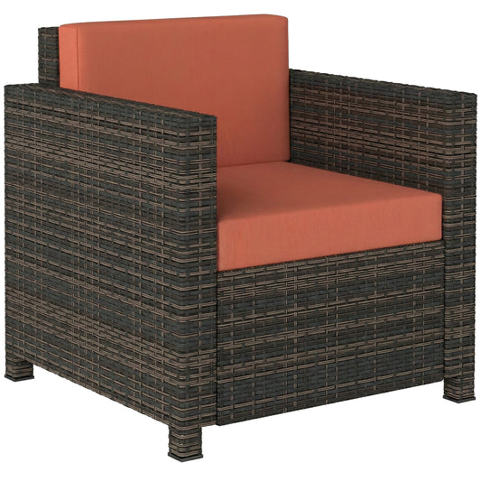 Photo of Outsunny PE Rattan Garden Armchair with Cushion - Mixed Brown/Orange in Brown/Orange colour on a white background