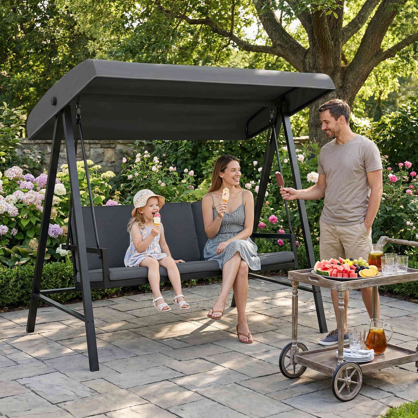 Outsunny Three-Seat Garden Swing Chair, with Adjustable Canopy - Dark Grey