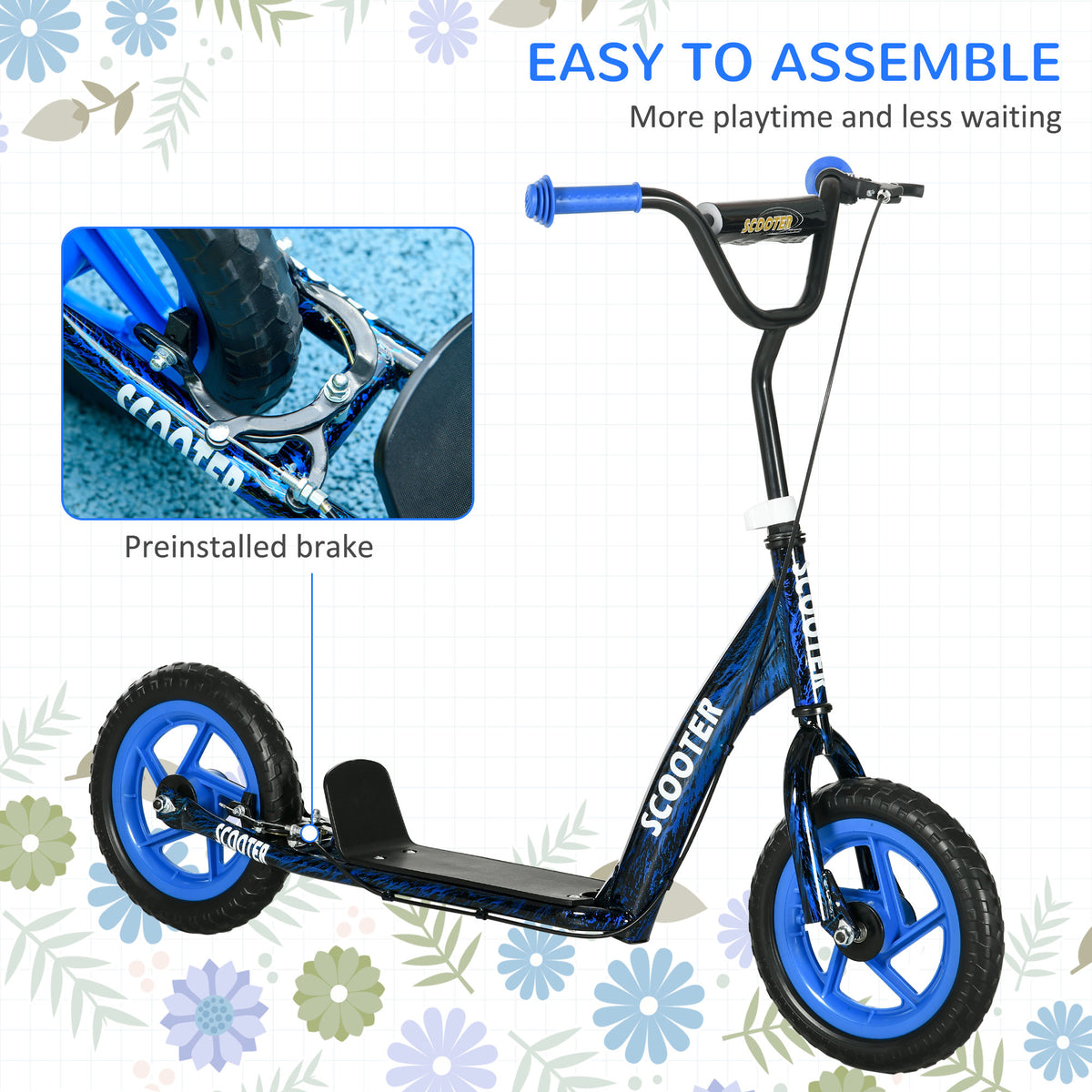 AIYAPLAY Kids Scooter with Adjustable Handlebar, Children's Kick Scooter with Non-slip Footplate, Rear Brake, Kickstand, Blue