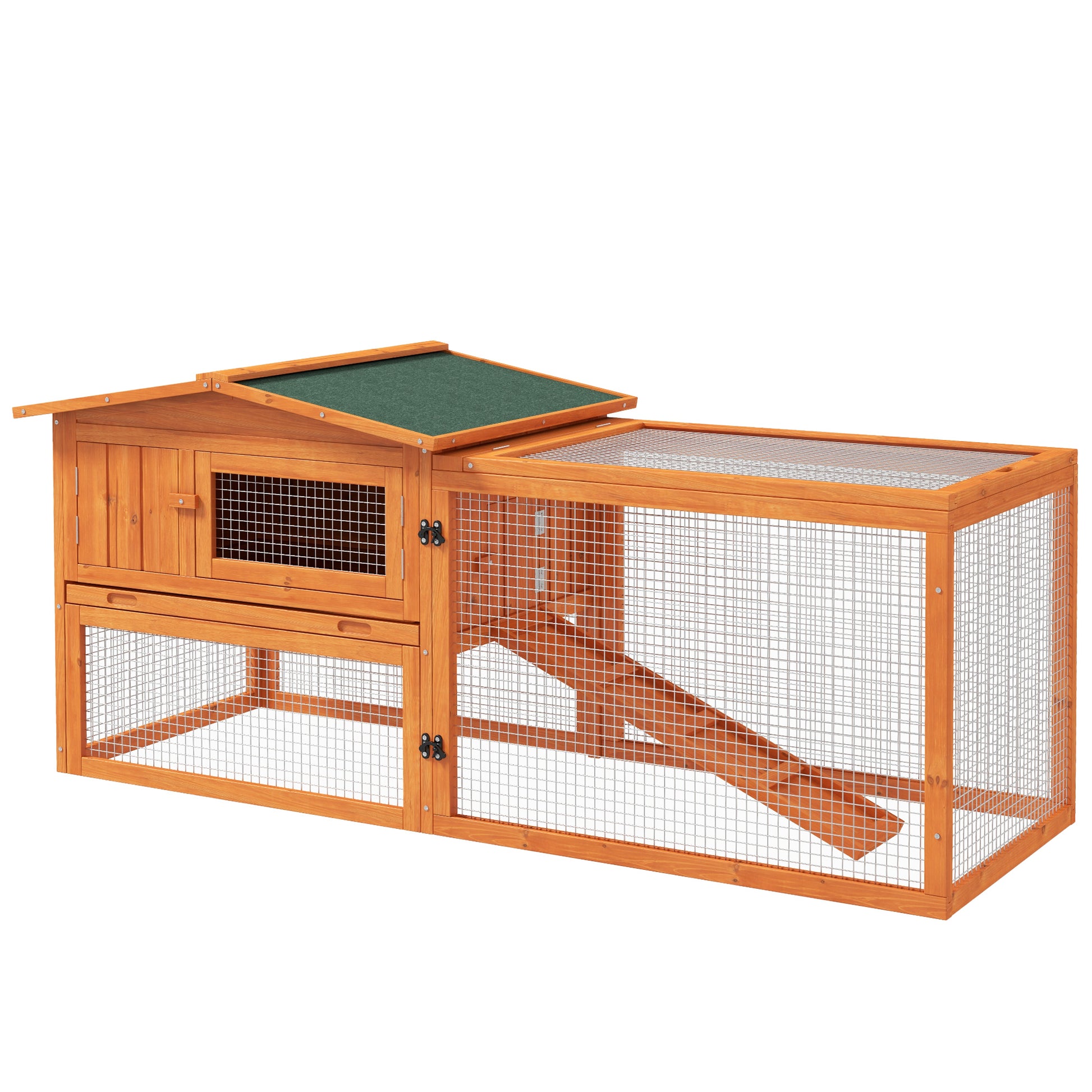Photo of PawHut Rabbit Hutch with Run Wooden Guinea Pig Hutch Outdoor Bunny Cage Hide House with Sliding Tray, Hay Rack, Ramp, 156 x 58 x 68cm, Orange in Orange colour on a white background