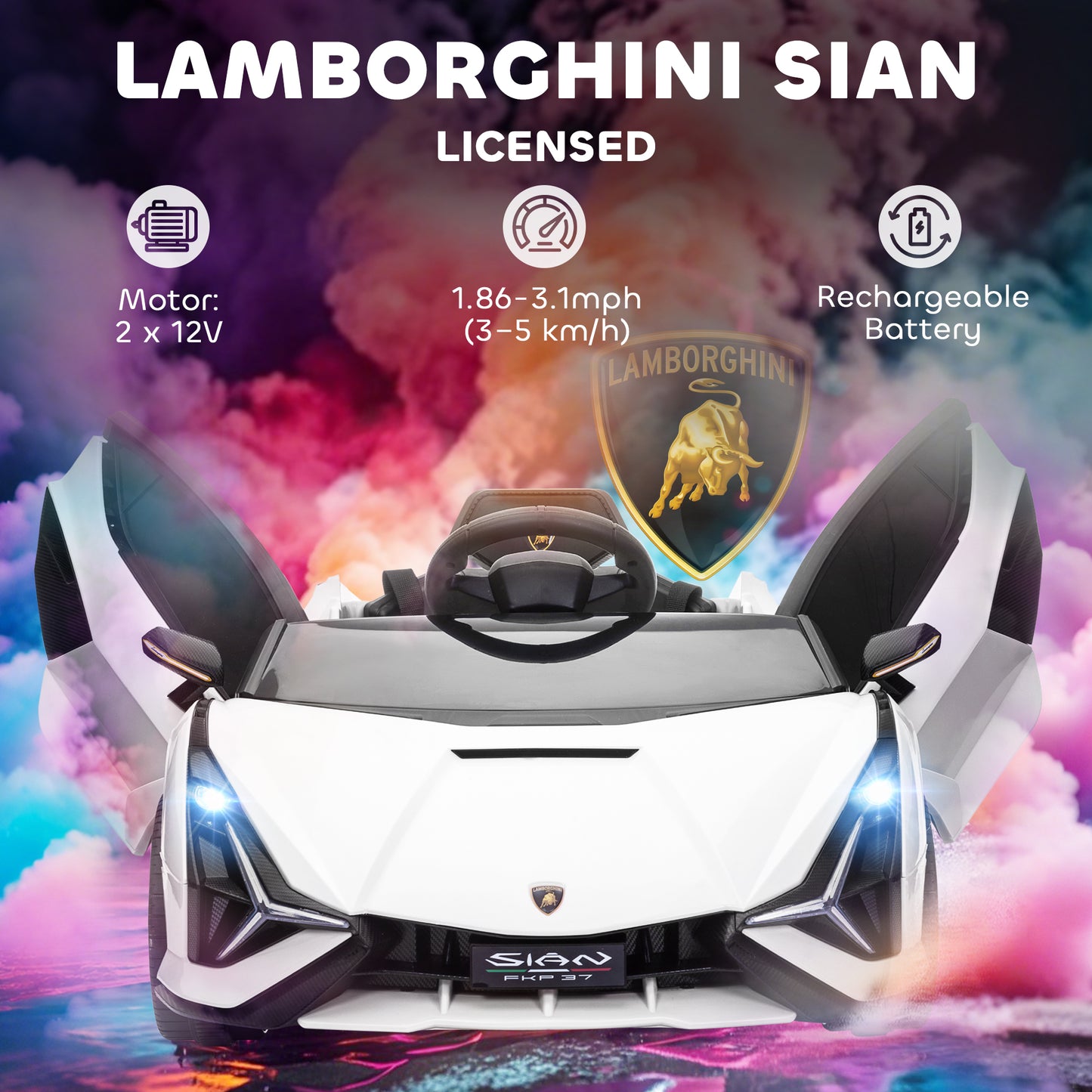 HOMCOM Lamborghini Sian Licensed 12V Electric Car for Kids 2 Motors Toy Car with Remote Control Music Lights MP3 for 3-5 Years White