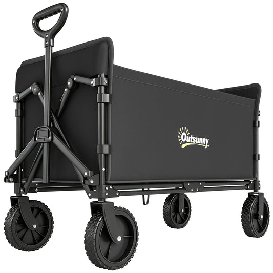 Photo of Outsunny 180L Festival Trolley on Wheels, Folding Compact Camping Trolley Cart with Adjustable Handle, 120 KG Capacity for Garden, Beach, Fishing, Black in Black colour on a white background