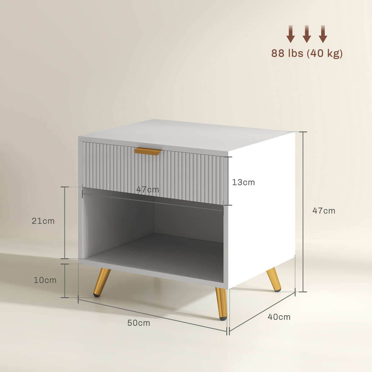 White bedside table with gold-tone legs, shown with dimensions and a 40 kg capacity