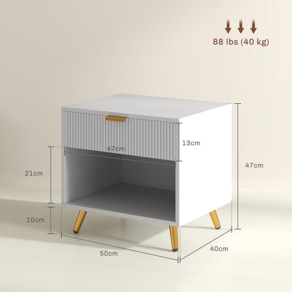 White bedside table with gold-tone legs, shown with dimensions and a 40 kg capacity
