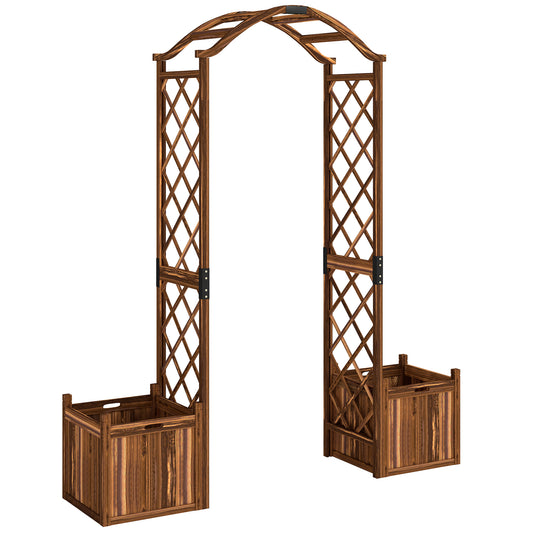 Photo of Outsunny Wooden Garden Arch with 2 Planter Boxes, Outdoor Rose Arch Trellis for Climbing Vines, Carbonised in Carbonised colour on a white background