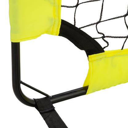 Close-up of football goal corner showing yellow fabric sleeves, black frame, net, and strap