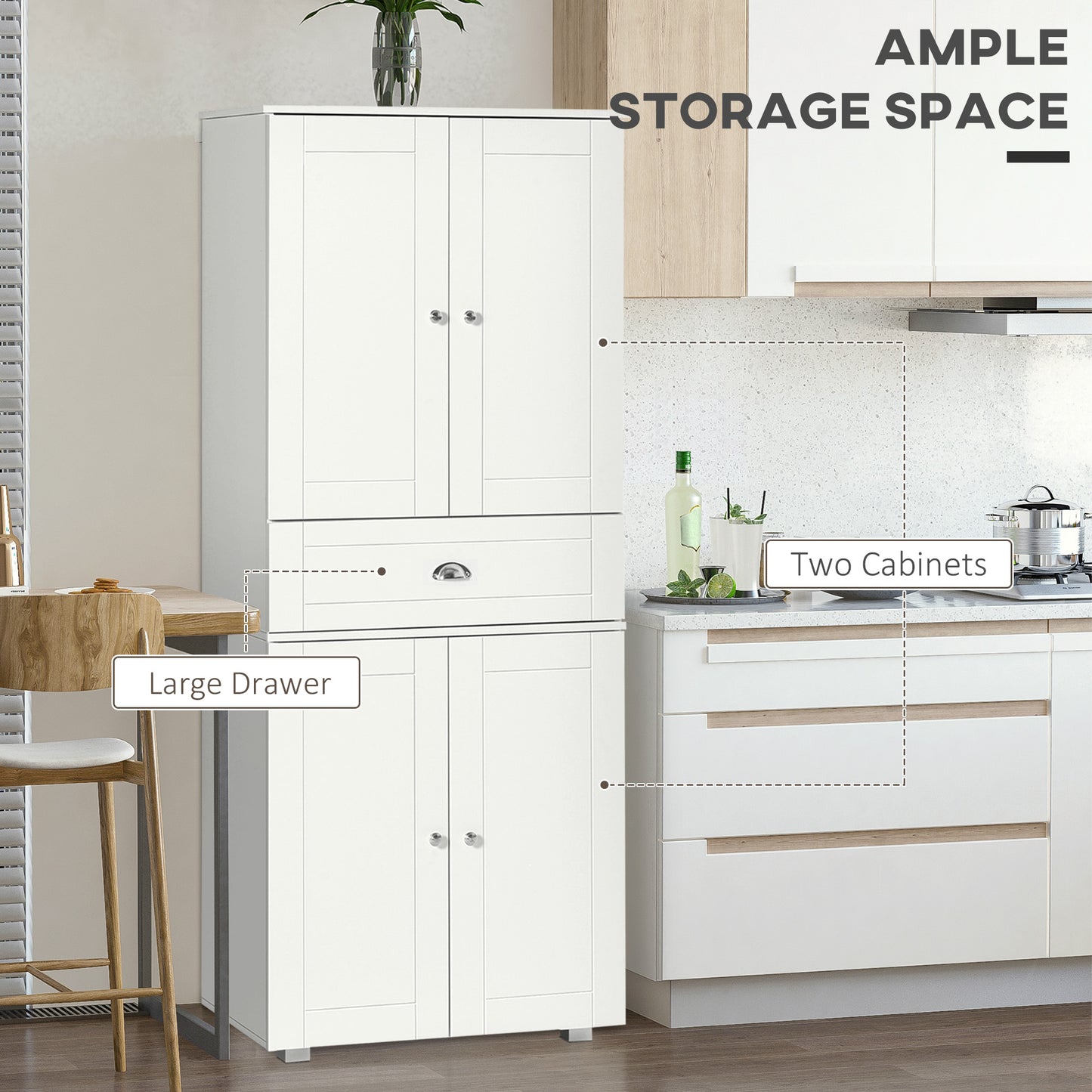 HOMCOM 184cm Tall Kitchen Cupboard, Freestanding Kitchen Pantry Storage Cabinet with 4 Doors, 3 Adjustable Shelves, Drawer, Anti-tipping Device, Sideboard Organiser for Dining Room, Living Room, White
