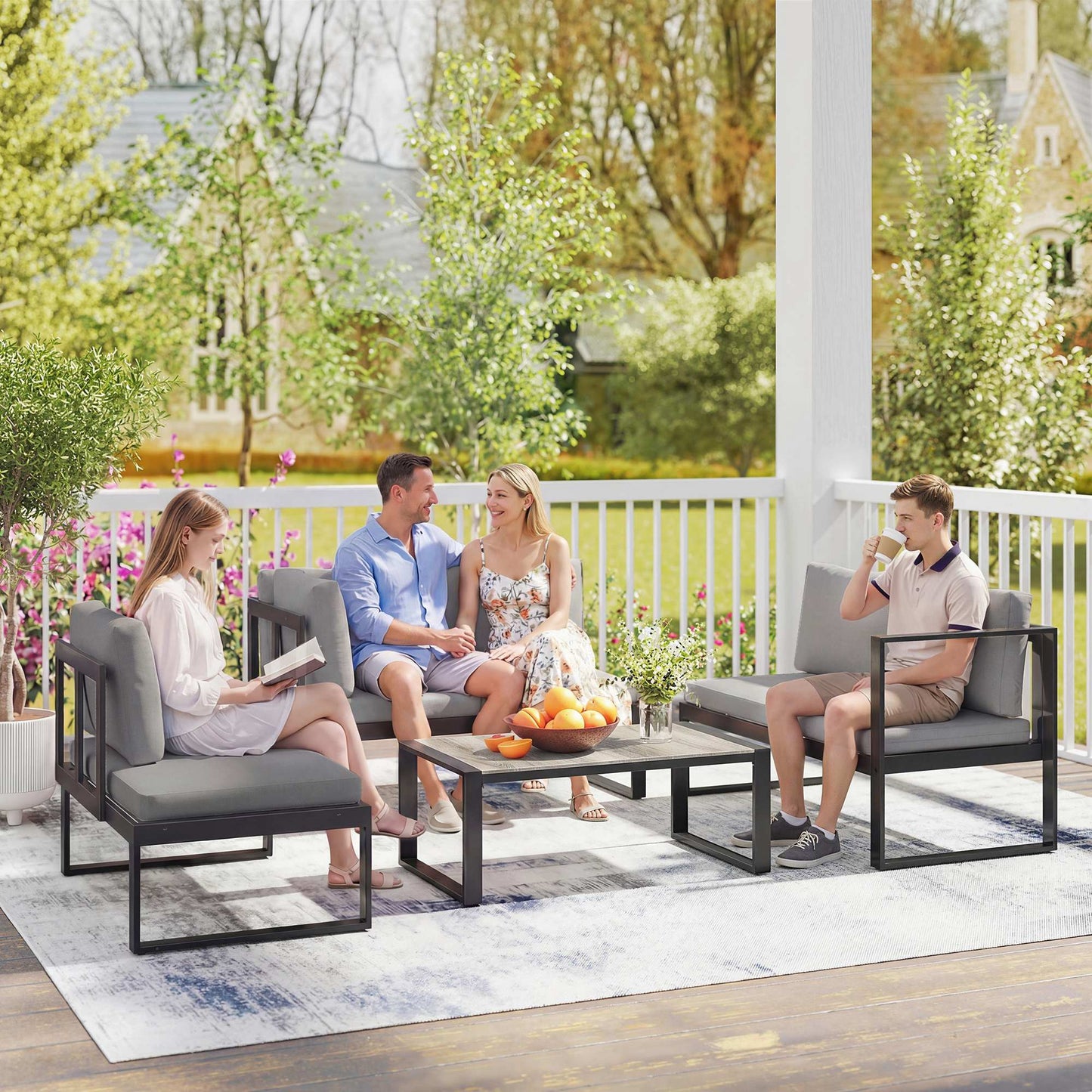 Outsunny 4 Piece Garden Furniture Set, Garden Sofa Set with 2 Loveseats, Armless Chair, Coffee Table for Balcony, Dark Grey