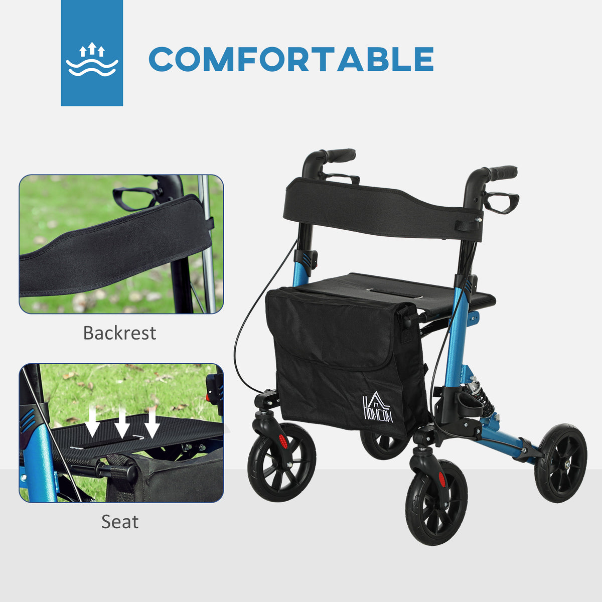 HOMCOM rollator with padded backrest, seat, storage bag and four wheels