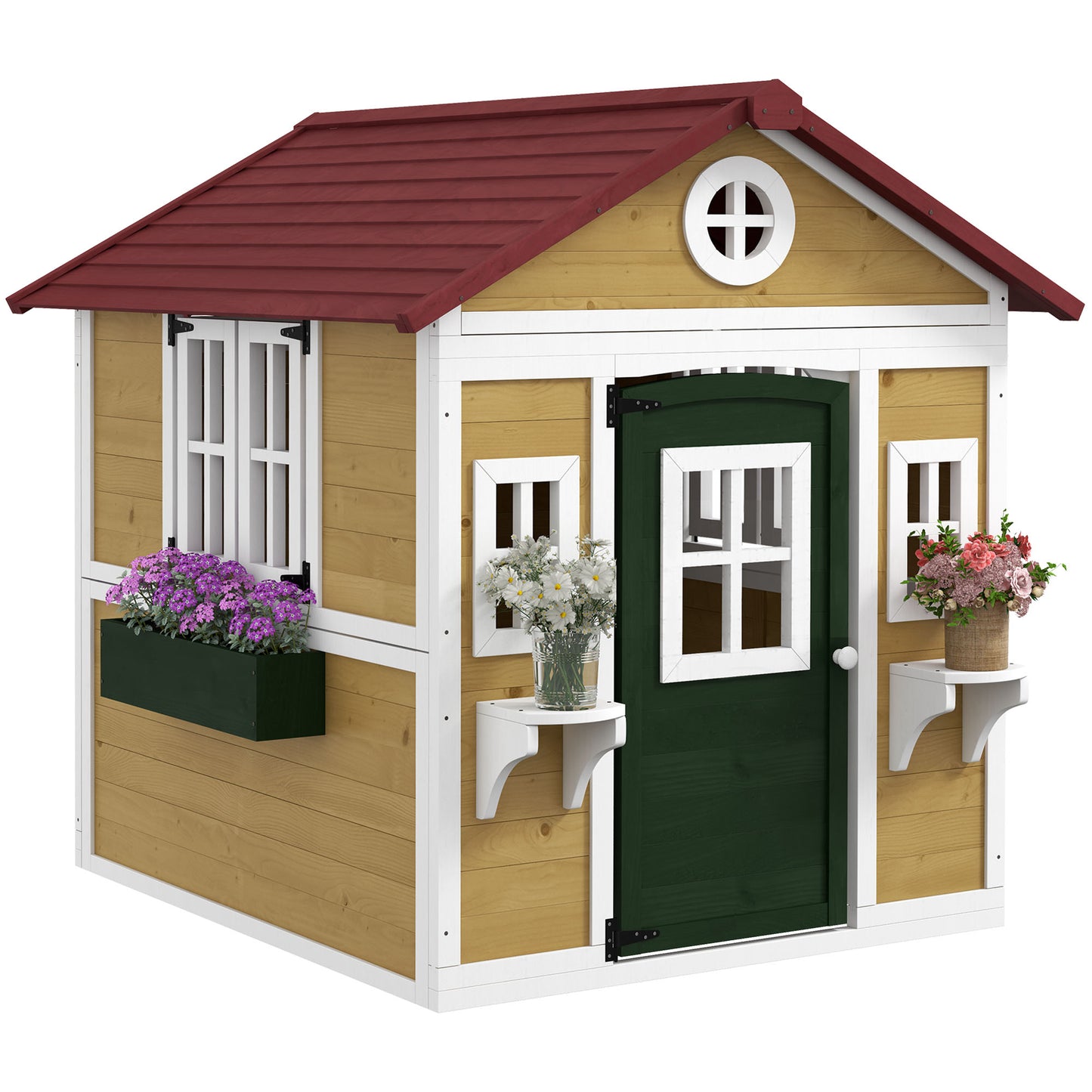 Photo of Outsunny Wooden Playhouse with Doors, Windows, Plant Pots, Boxes, for 3-8 Years - Beige in Beige colour on a white background