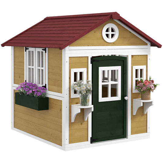 Photo of Outsunny Wooden Playhouse with Doors, Windows, Plant Pots, Boxes, for 3-8 Years - Beige in Beige colour on a white background