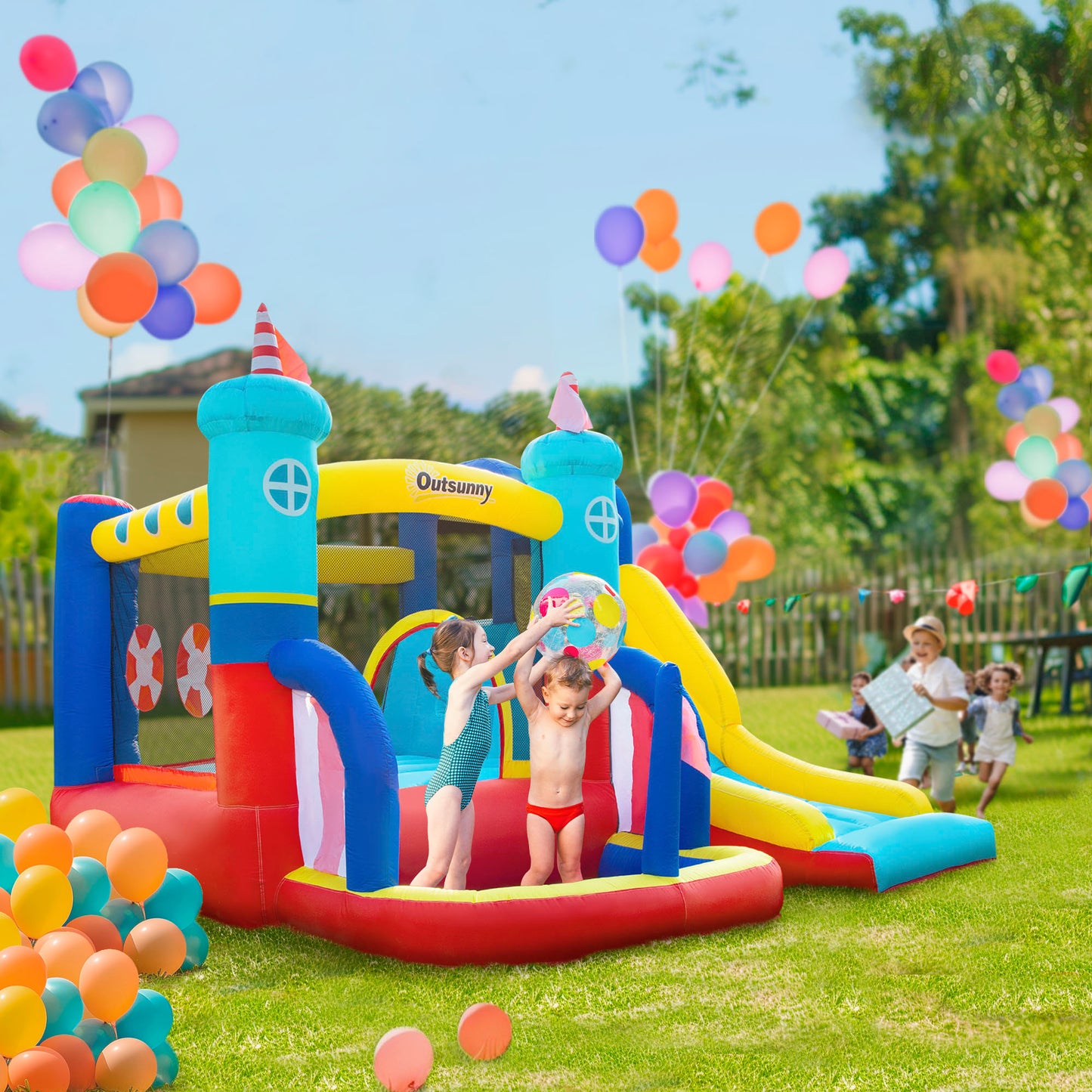 Outsunny Kids Bouncy Castle, 4 in 1 Large Sailboat Style Inflatable House Slide Trampoline Water Pool Climbing Wall with Blower Carrybag for Kids Age 3-8, 2.65 x 2.6 x 2m