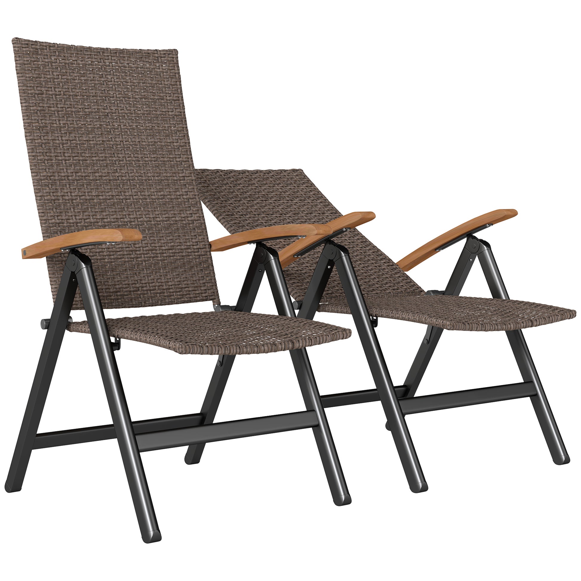 Photo of Outsunny 2 Pieces Folding Rattan Garden Dining Chairs with 5-level Reclining High Back, Wood Armrests for Outdoor - Brown in Brown colour on a white background