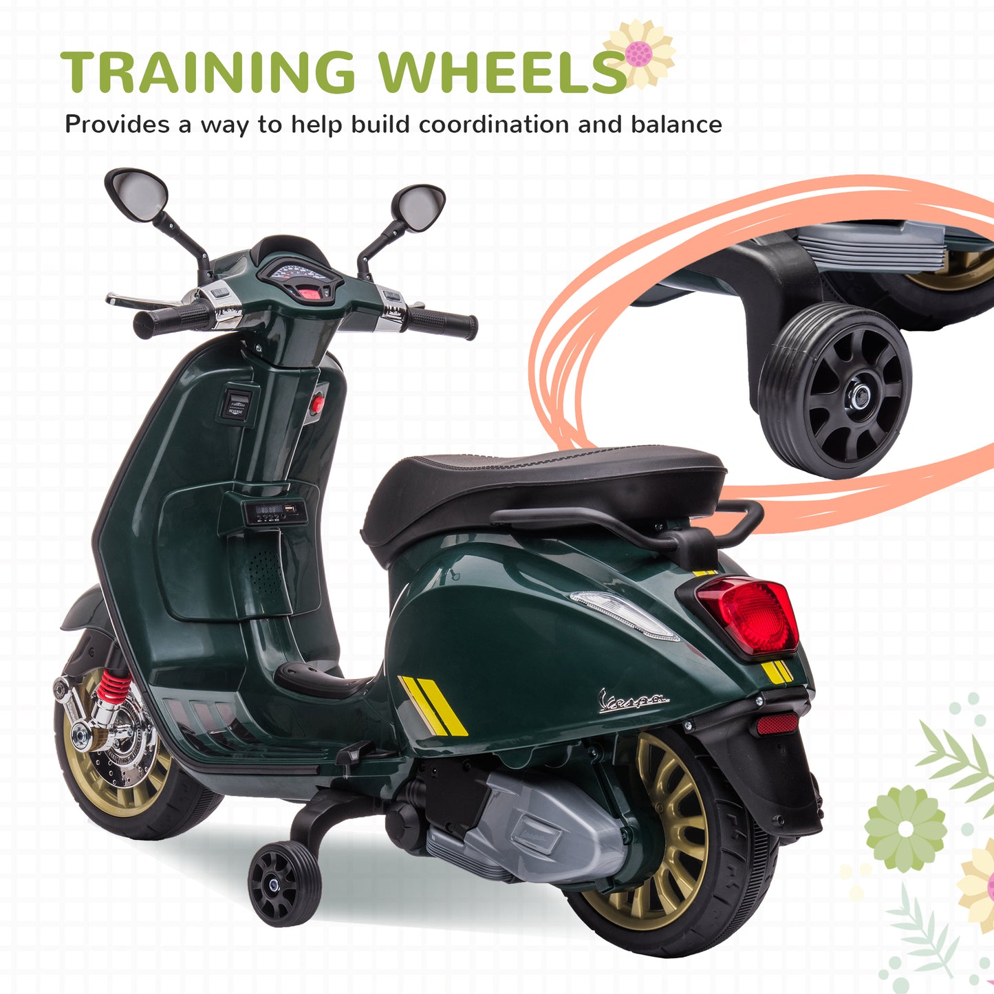 AIYAPLAY 12V Vespa Licensed Kids Electric Motorbike w/ Music, Lights, FM Radio, for 3-6 Years - Green
