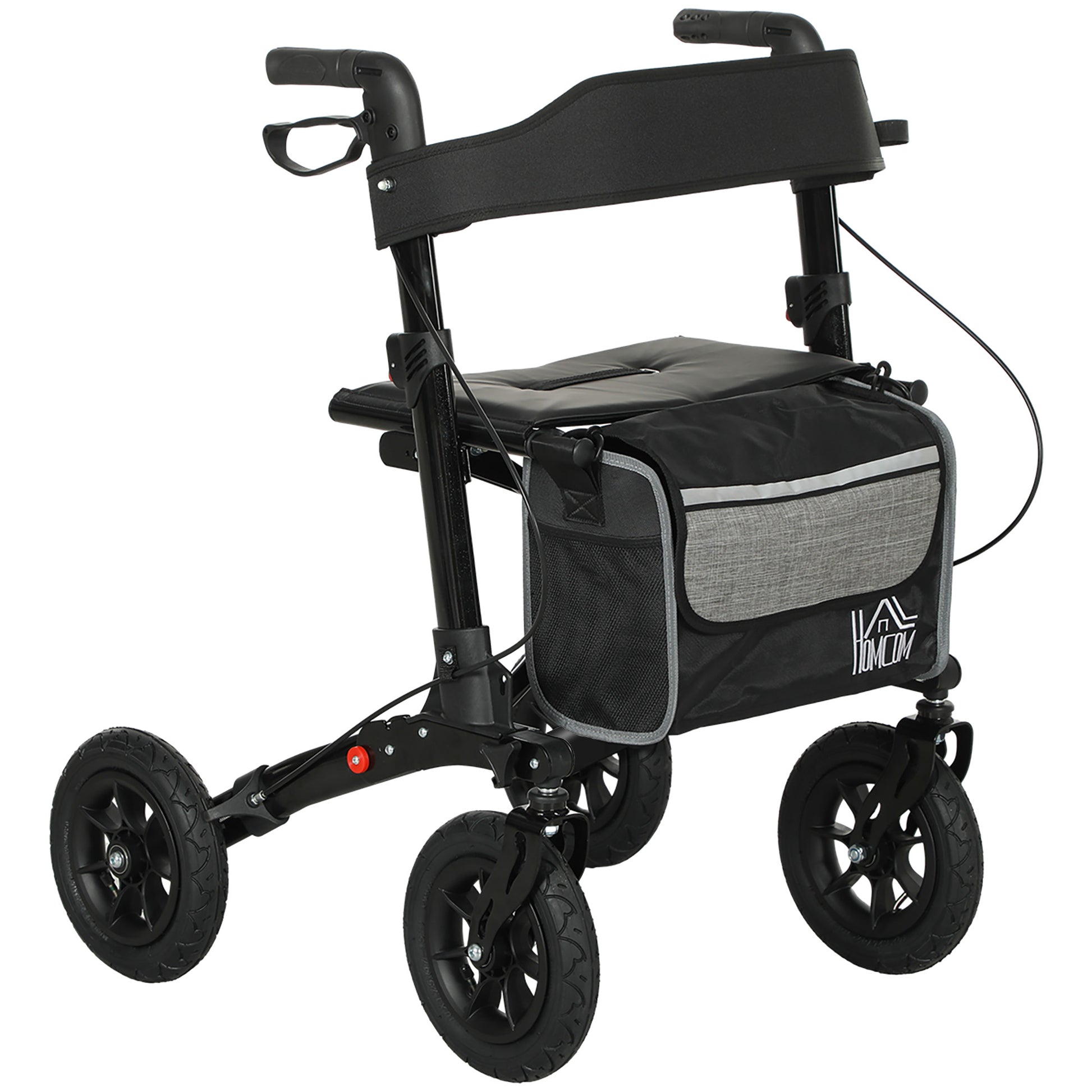 Photo of HOMCOM Folding Rollator Walker with Padded Seat, Backrest, Lightweight Walking Frame with Storage Bag, Dual Brakes, All-terrain Wheels, Adjustable Handle Height, 4 Wheeled Walker for Seniors, Black in Black colour on a white background