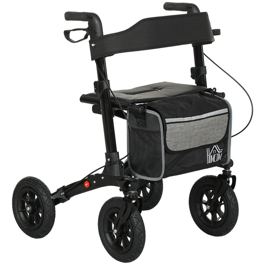 Photo of HOMCOM Folding Rollator Walker with Padded Seat, Backrest, Lightweight Walking Frame with Storage Bag, Dual Brakes, All-terrain Wheels, Adjustable Handle Height, 4 Wheeled Walker for Seniors, Black in Black colour on a white background