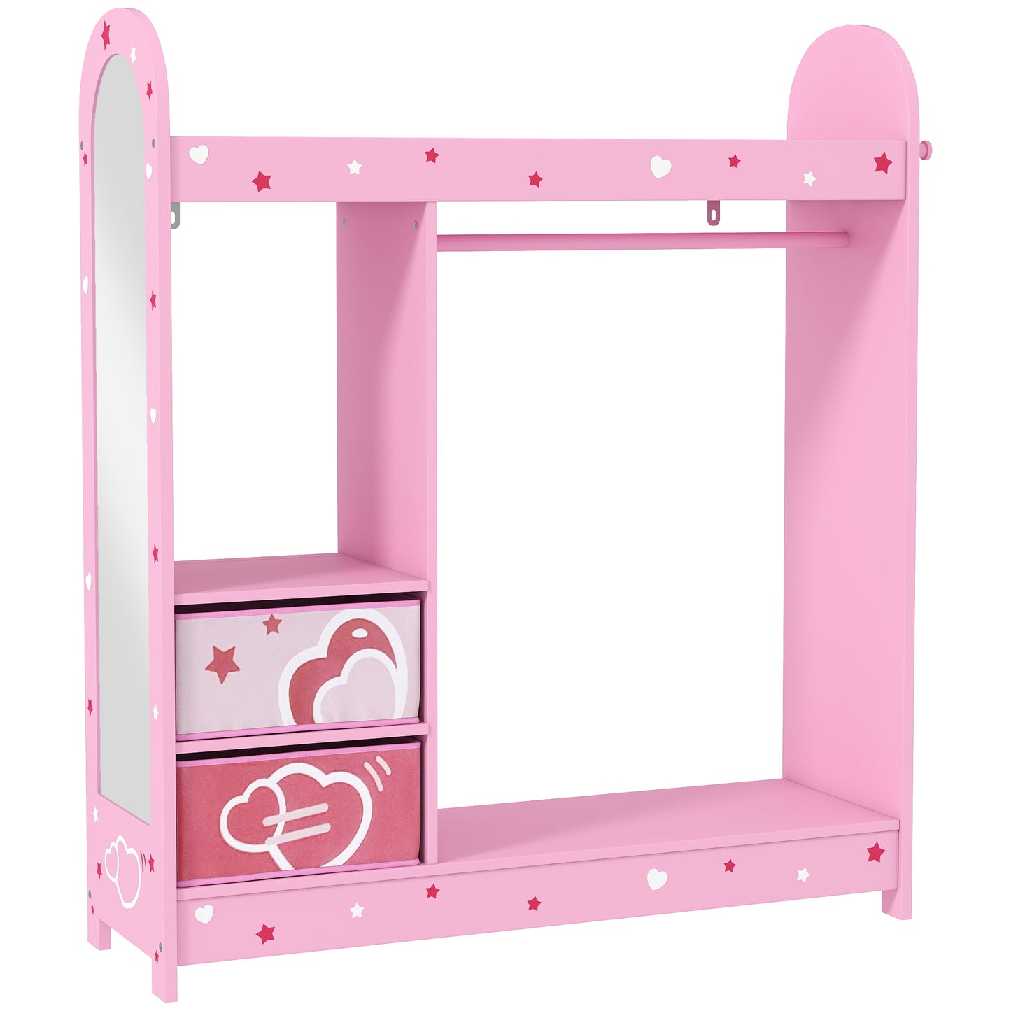 Photo of AIYAPLAY Kids Clothes Rail, Kids Wardrobe with Mirror, Shelves, Fabric Storage and Hooks for Bedroom, Nursery, Pink in Pink colour on a white background