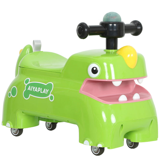Photo of AIYAPLAY Kids Ride On Car, Dinosaur Foot to Floor Slider with Storage, Toddler Walker with Light, Sounds, Green in Green colour on a white background