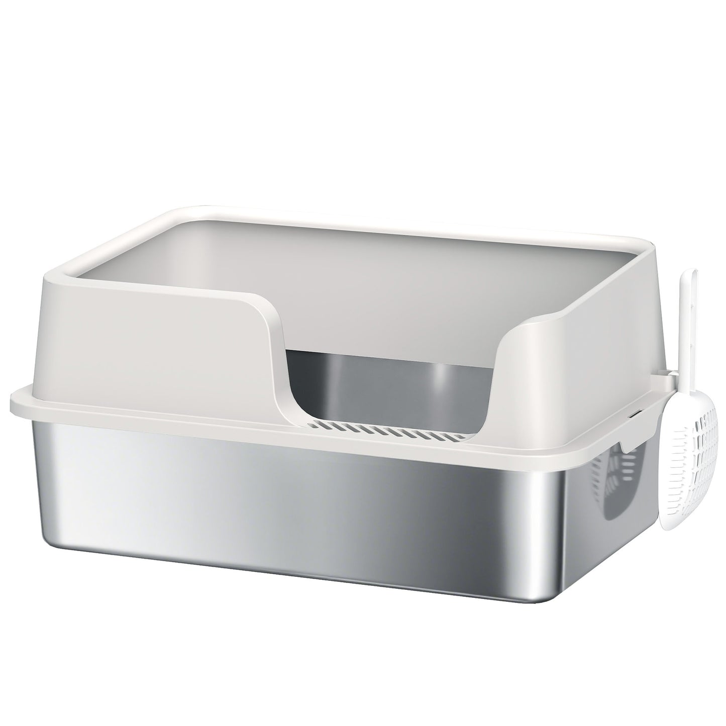 Photo of PawHut Stainless Steel Litter Box with Detachable Rim, Scoop, Easy Cleaning, Odour-Resistant, 60 x 40 x 28 cm in cm colour on a white background