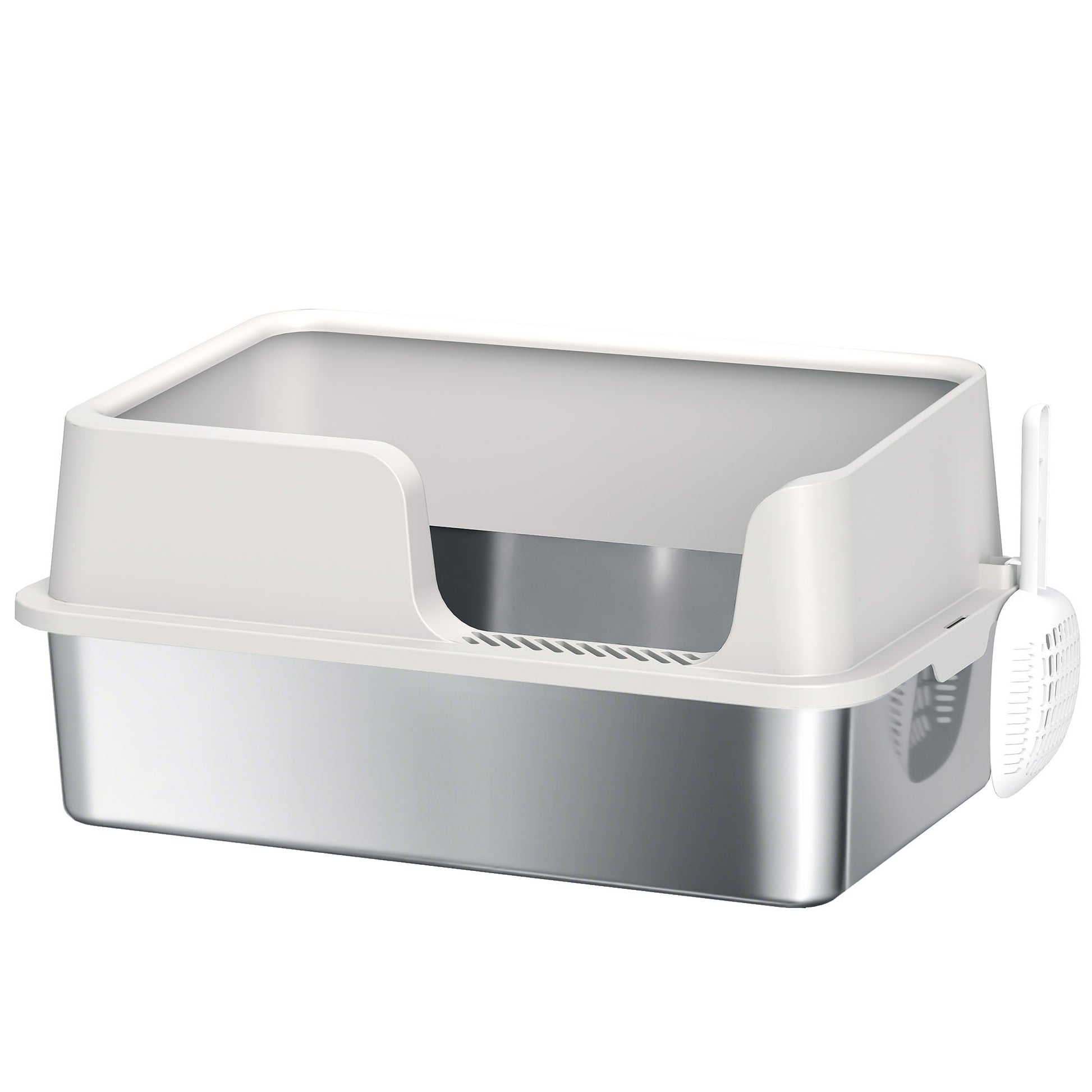 Photo of PawHut Stainless Steel Litter Box with Detachable Rim, Scoop, Easy Cleaning, Odour-Resistant, 60 x 40 x 28 cm in cm colour on a white background