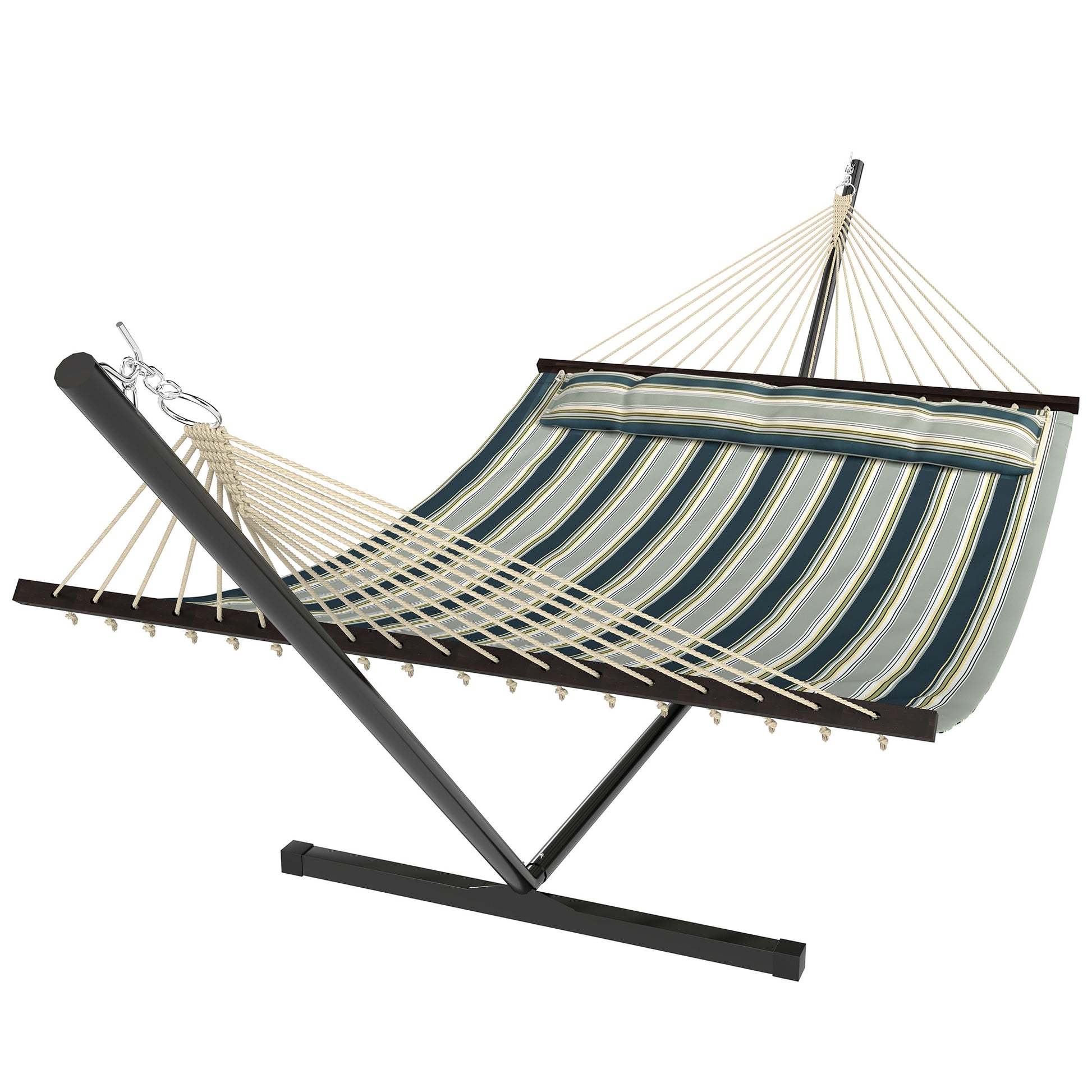 Photo of Outsunny Outdoor Hammock with Stand Detachable Pillow Striped Swing Steel Frame, for Garden, Patio, Green in Green colour on a white background