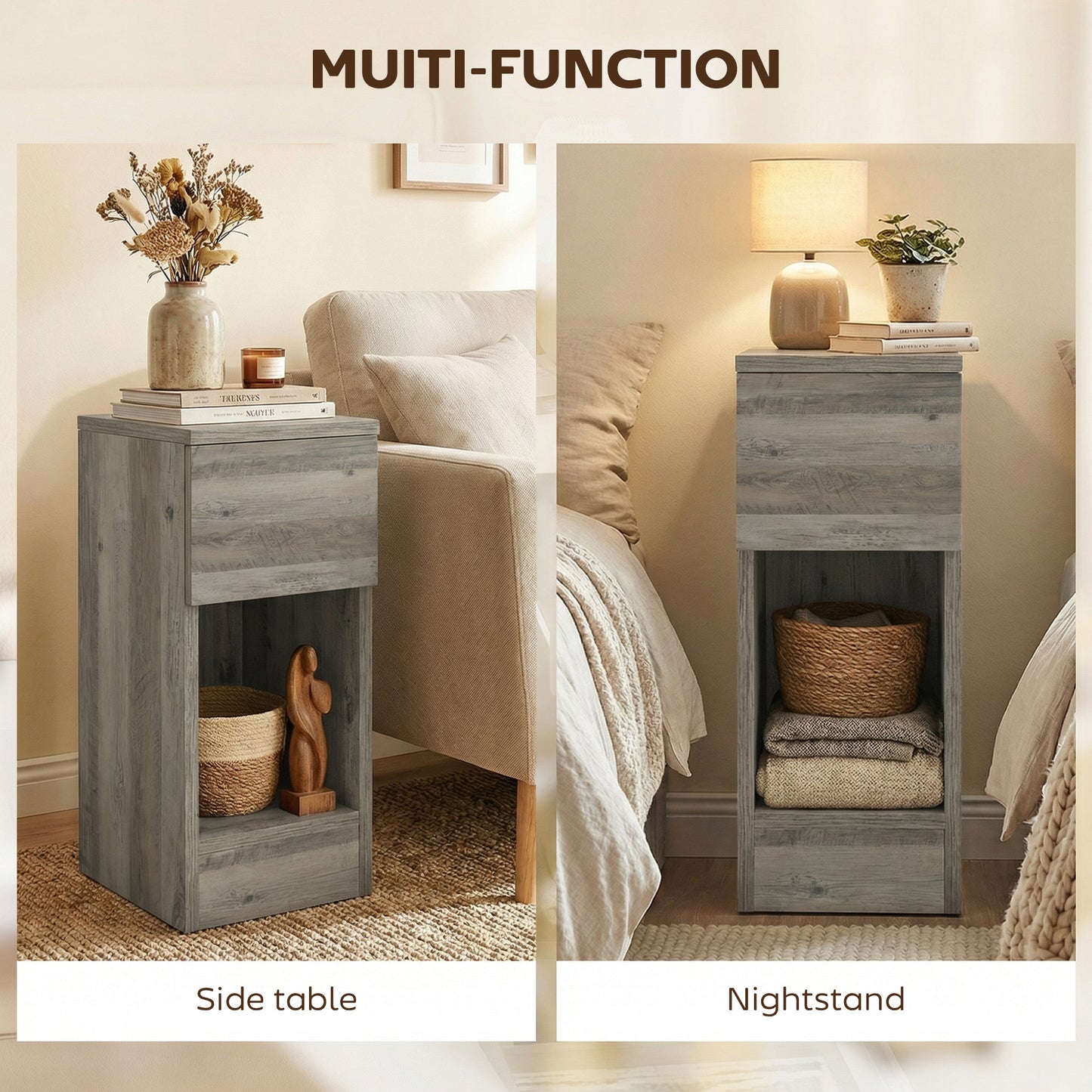 HOMCOM Set of Two Modern Storage Bedside Tables - Grey