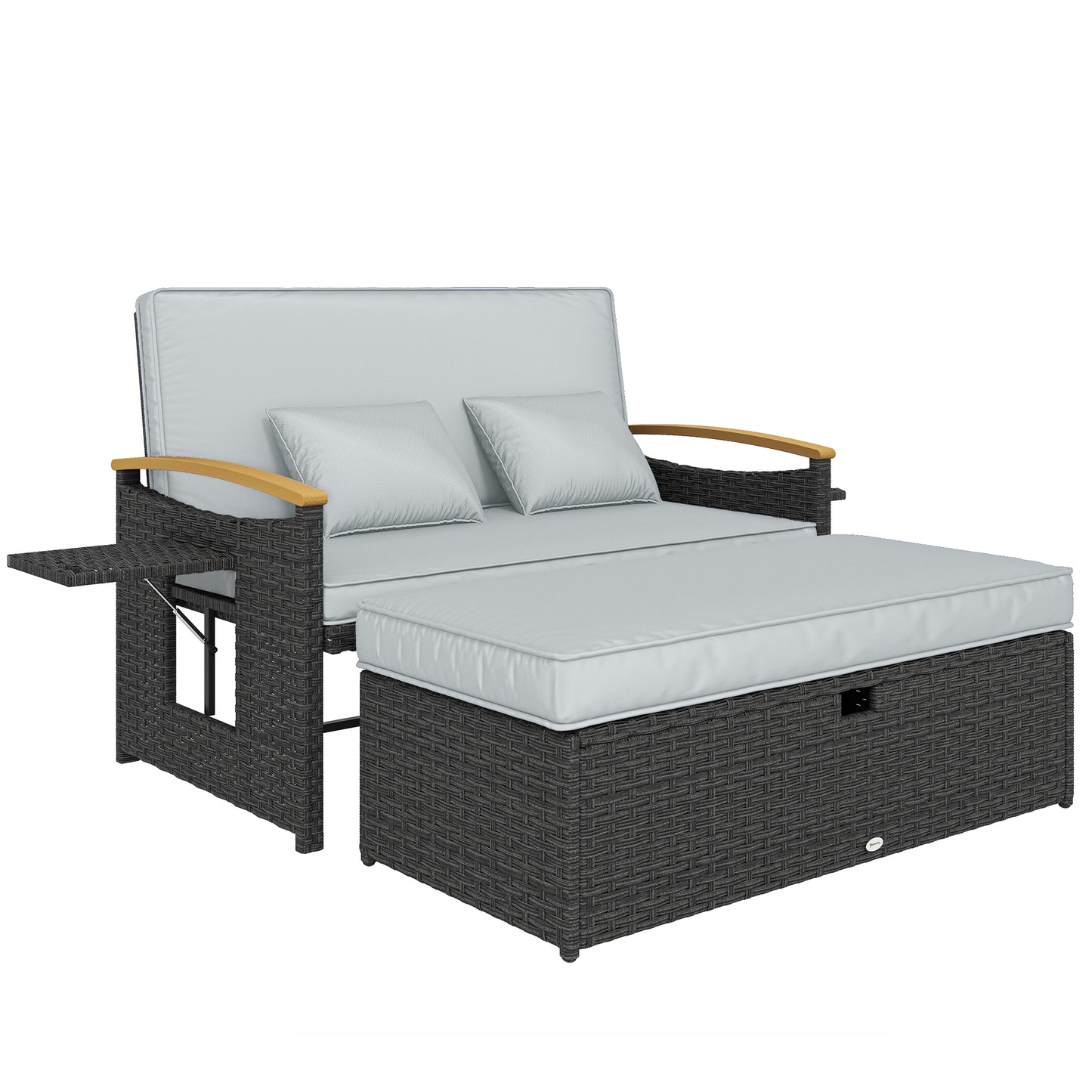 Photo of Outsunny Double Garden Rattan Daybed, Wicker Sun Bed Chaise Lounger with Storage Ottoman, 4-Level Adjustable Backrest, Dark Grey in Grey colour on a white background