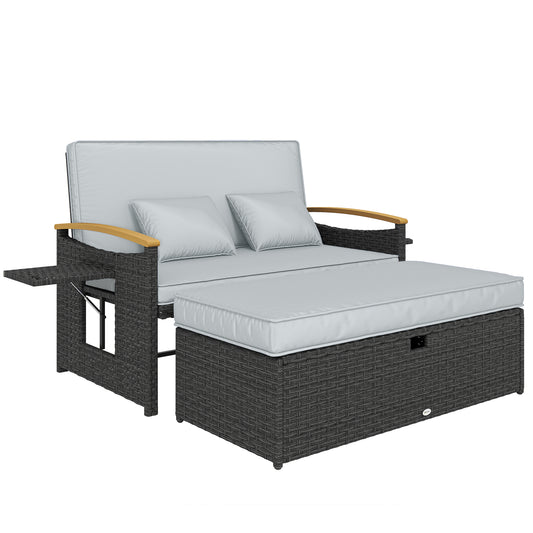 Photo of Outsunny Double Garden Rattan Daybed, Wicker Sun Bed Chaise Lounger with Storage Ottoman, 4-Level Adjustable Backrest, Dark Grey in Grey colour on a white background