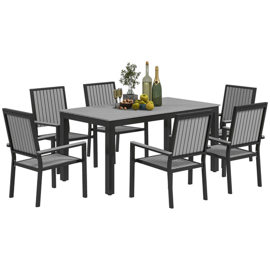 Photo of Outsunny 6 Seater Garden Dining Set with Stackable Chairs, Aluminium Frame, Rectangular Plastic Top, Garden Furniture Set, Outdoor Dining Table and Chairs for Patio, Balcony, Poolside, Grey in Grey colour on a white background