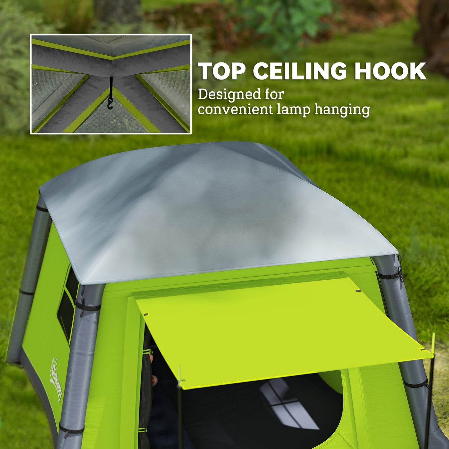 Outsunny Inflatable Camping Tent w/ Hand Pump, Easy Setup 1/2 Person Blow Up Tent Waterproof 190T Taffeta w/ Mesh Windows, Doors and Carry Bag, Green