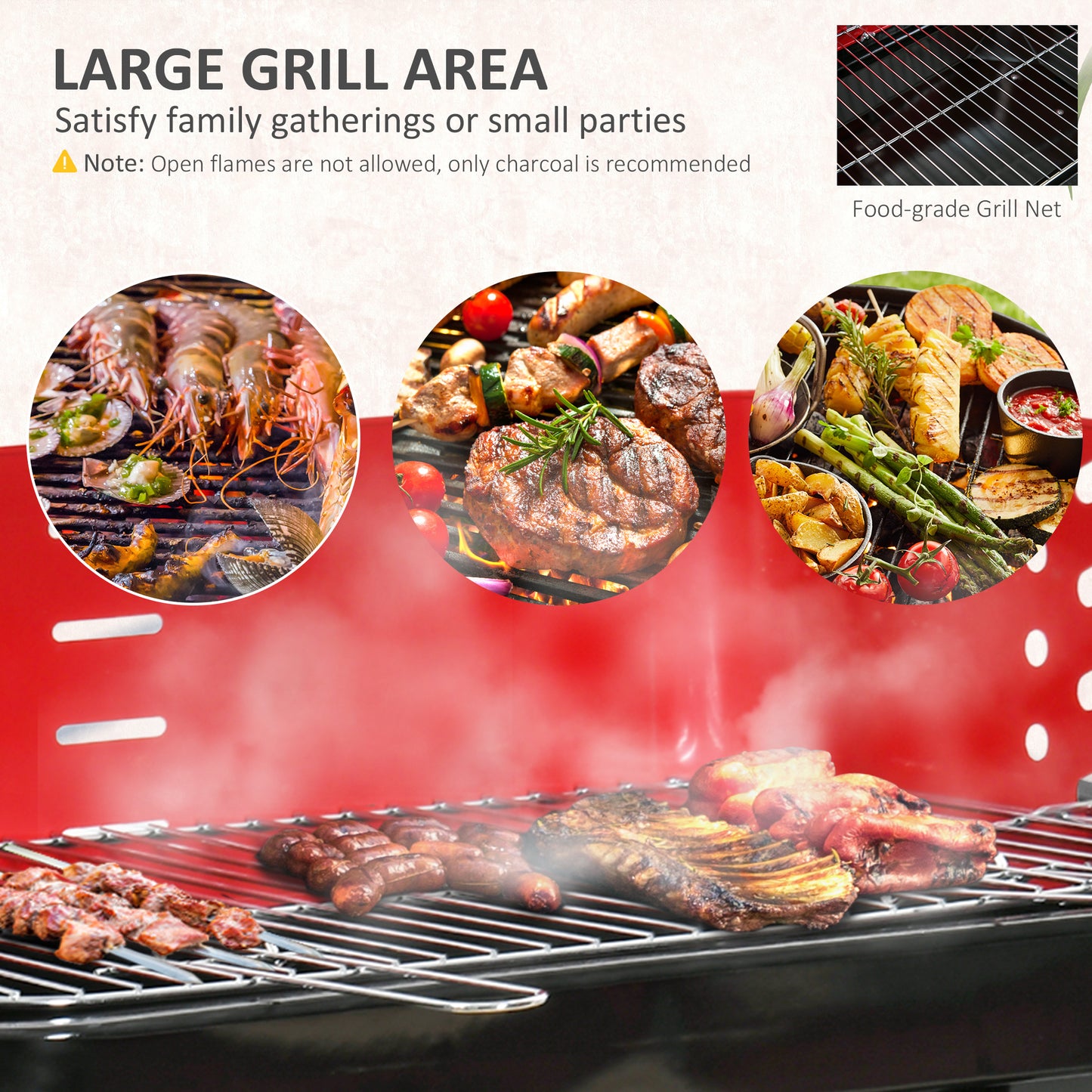 Outsunny Charcoal Trolley BBQ Barbecue Grill Patio Camping Picnic Garden Party Outdoor Cooking with Windshield and Wheels Side Trays, Black/Red
