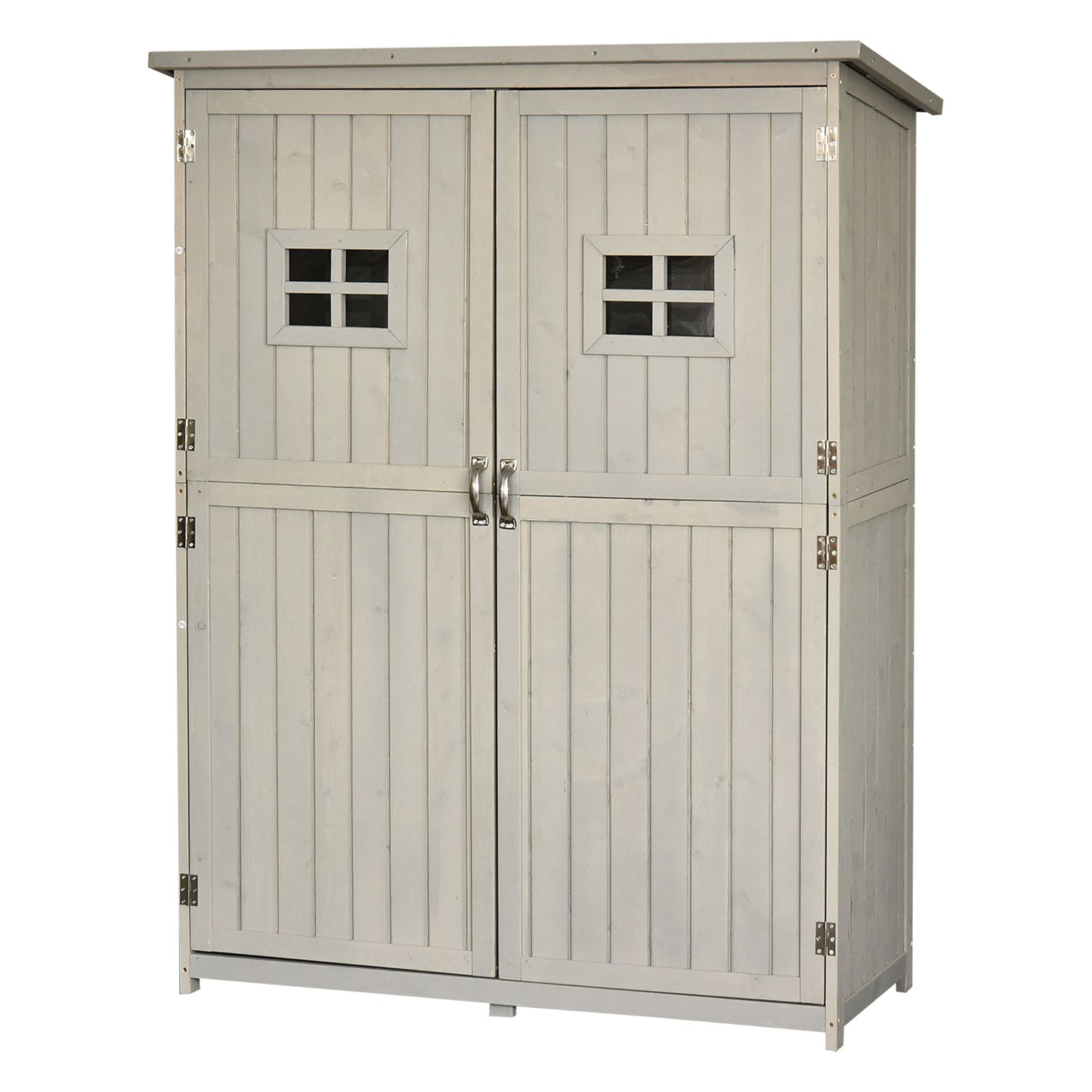 Photo of Outsunny Wooden Garden Shed with Two Windows, Tool Storage Cabinet, Outdoor Double Door Organizer 127.5L x 50W x 164H cm, Grey in Grey colour on a white background