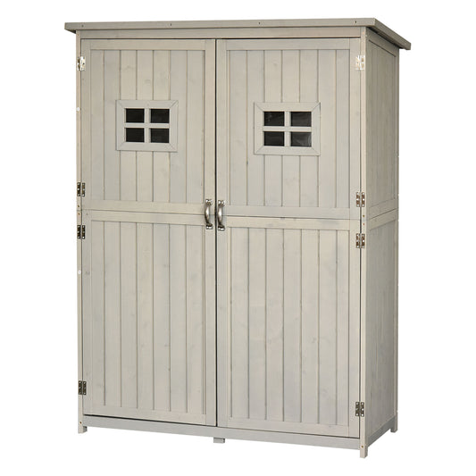 Photo of Outsunny Wooden Garden Shed with Two Windows, Tool Storage Cabinet, Outdoor Double Door Organizer 127.5L x 50W x 164H cm, Grey in Grey colour on a white background