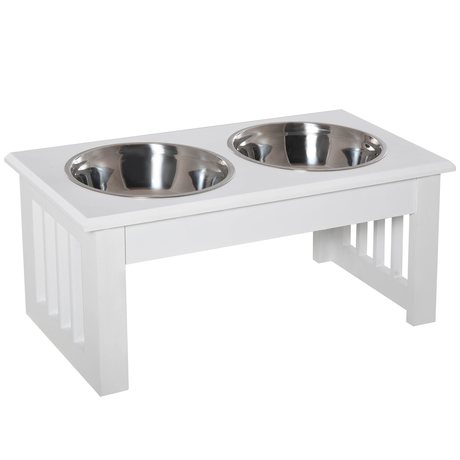 Photo of PawHut Raised Dog Feeding Bowls with Stand, Stainless Steel for  Extra Small and Small Dog, 44L x 24W x 15H cm - White in White colour on a white background