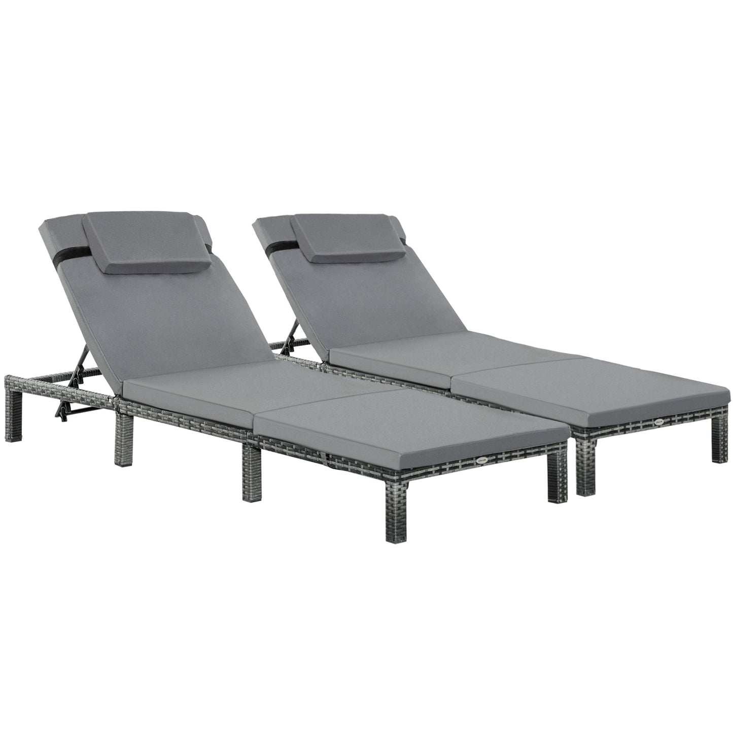 Photo of Outsunny 2 Pieces Outdoor PE Rattan Sun Loungers set of 2 with Cushion, Garden Wicker Sunbed Furniture with 5 - Level Recliner Backrest, Grey in Grey colour on a white background