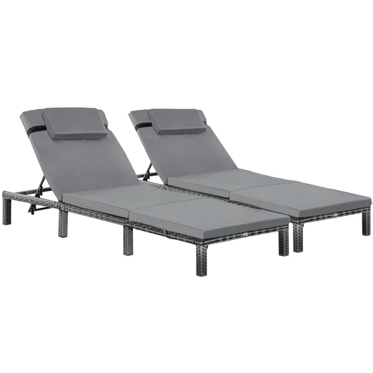 Photo of Outsunny 2 Pieces Outdoor PE Rattan Sun Loungers set of 2 with Cushion, Garden Wicker Sunbed Furniture with 5 - Level Recliner Backrest, Grey in Grey colour on a white background
