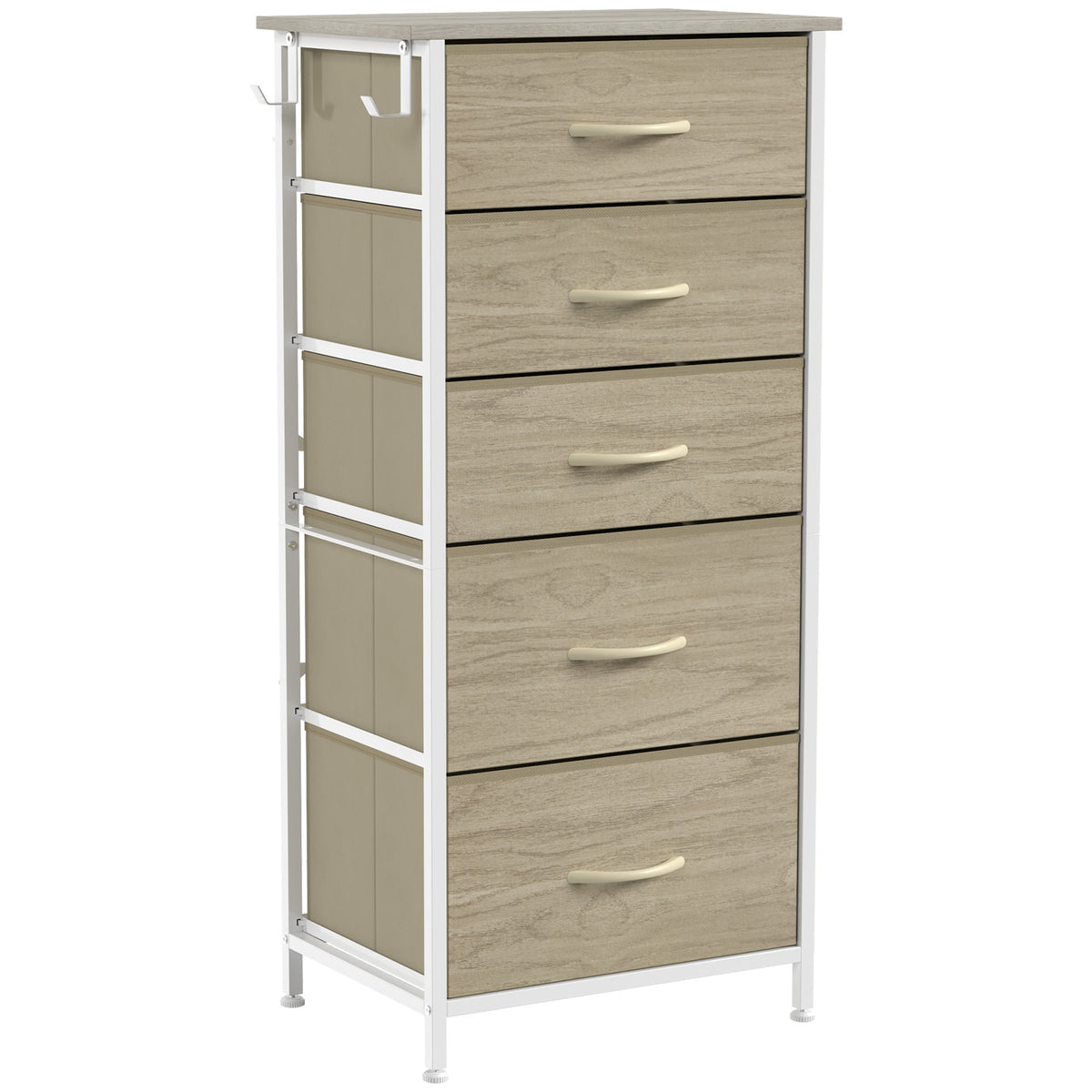 Photo of HOMCOM Chest of Drawers, Dresser with 5 Fabric Drawers, Tall Storage Unit with 4 Pockets and 2 Hooks Steel Frame, Natural Wood in Wood colour on a white background
