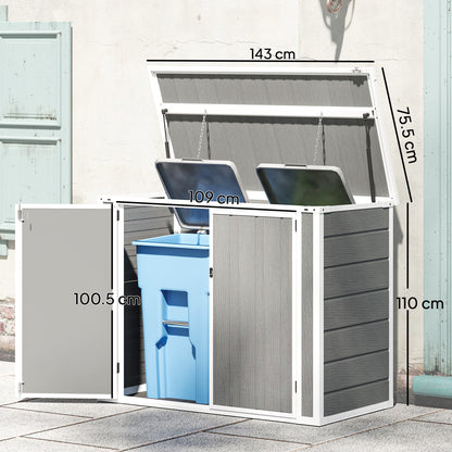 Outsunny gray bin shed with raised lid and open doors, showing storage space for two bins