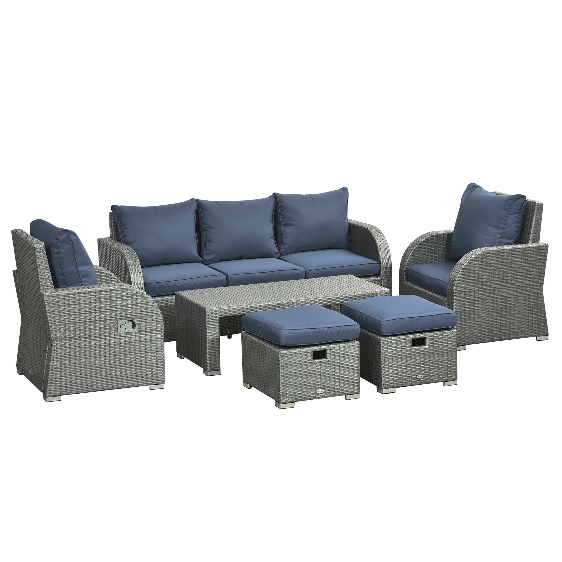 Photo of Outsunny Six-piece Outdoor Rattan Dining Set, Outdoor Sofa Set with Reclining Armchairs and Mental Frame, Blue in Blue colour on a white background