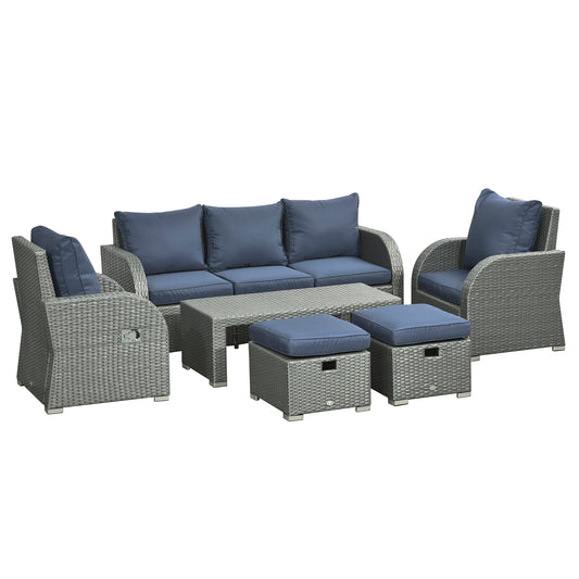 Photo of Outsunny Six-piece Outdoor Rattan Dining Set, Outdoor Sofa Set with Reclining Armchairs and Mental Frame, Blue in Blue colour on a white background