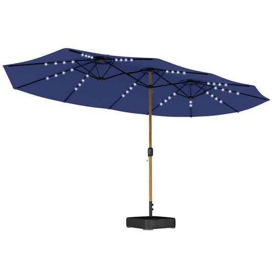 Photo of Outsunny Double Sided Garden Parasol with Base Included & 48 Solar LED Lights Patio Umbrella Crank Handle 4.6m Dark Blue in Blue colour on a white background