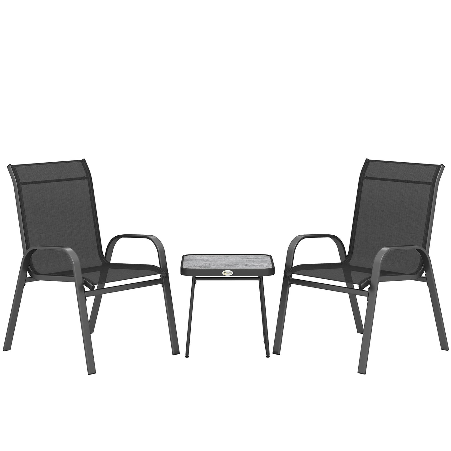 Photo of Outsunny 3 Pieces Outdoor Bistro Set, Patio Stackable Armchairs with Breathable Mesh Fabric and SPC Board Coffee Table, Black in Black colour on a white background