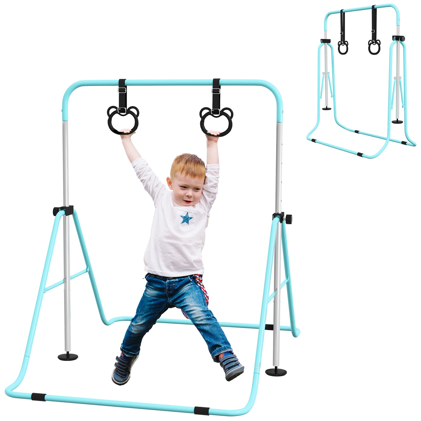 Photo of HOMCOM Adjustable Height, Foldable Kids Gymnastics Bar w/ Non-slip Rubber Floor Rings, for 3+ Years, Green in Green colour on a white background