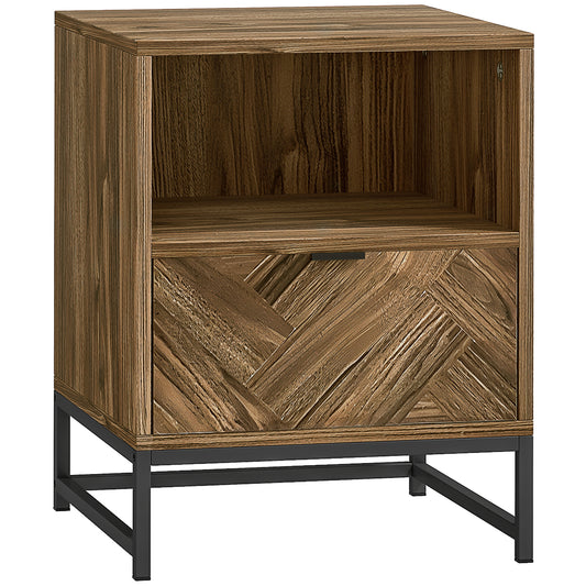 Photo of HOMCOM Bedside Table with Drawer and Shelf, Side End Table with Steel Legs for Living Room, Bedroom, Brown Wood Effect in Effect colour on a white background