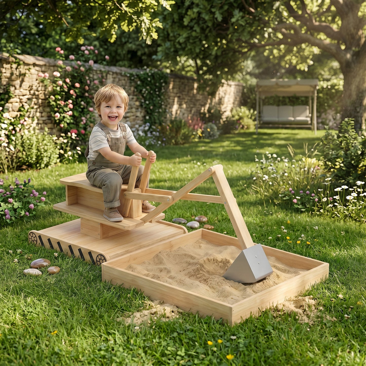 AIYAPLAY Wooden Sand Pit with Digger, Kids Sandbox Outdoor, SandPit with 360 Swivel Seat and Bottom Liner